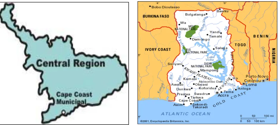 Fig 1.2: Map of Central Region (Right) and Map of Ghana (left) 