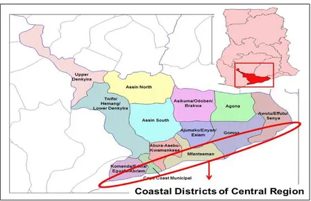 Fig 1.3: Map of Central Region showing the Districts and Coastal Areas 
