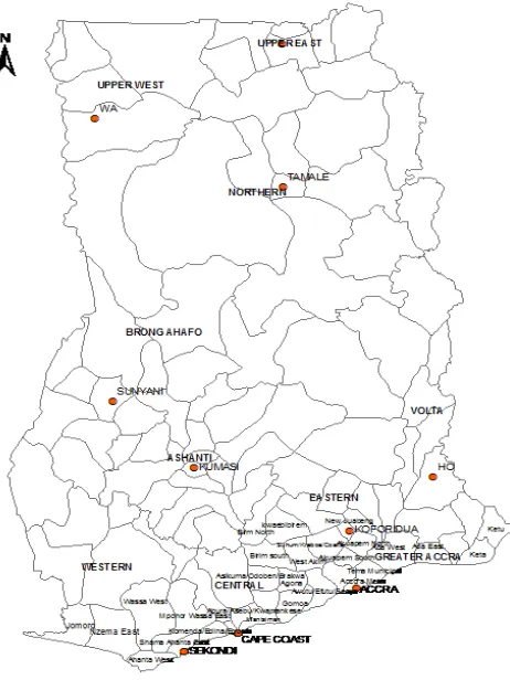 Figure 5 Map of Ghana showing districts surveyed 