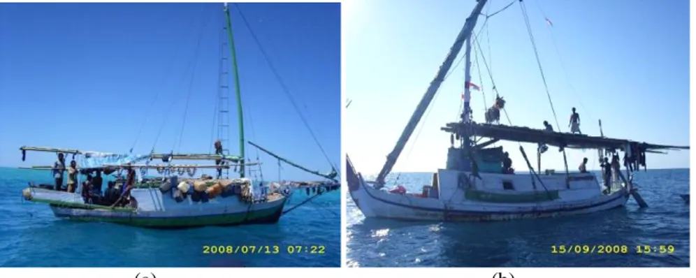 Gambar 3. Armada tangkap tradisional dari Pulau Rote (a) dan Madura (b) Figure 3. Traditional fishing boat from Rote Island (a) and Madura (b) Tabel 3
