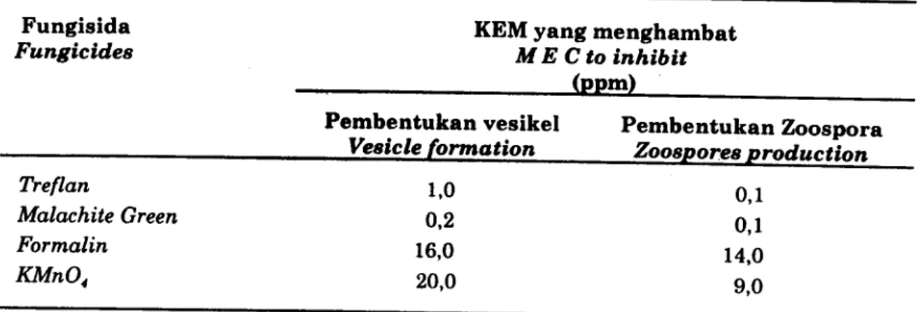 Tabel  1.  Konsentrasi  Efektif  Minimal  (KEM)  4  jenie fungisida  dalam menghambat  sporogenesie jamur  Lagenidium  app.