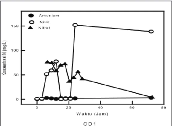 Gambar  10.  Pola  perubahan  konsentrasi  1-Naphtol  dari  isolat  bakteri  CD1 W a k tu   ( J a m )02 04 0 6 0 8 0Konsentrasi N (mg/L)05 01 0 01 5 0A m o n iu mN itritC D 1N itra t