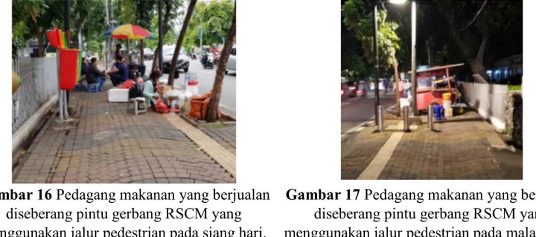 Gambar 16 Pedagang makanan yang berjualan diseberang pintu gerbang RSCM yang menggunakan jalur pedestrian pada siang hari.