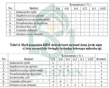 Tabel 4. Hasil pengujian KBM ekstrak larut metanol daun jeruk nipis 