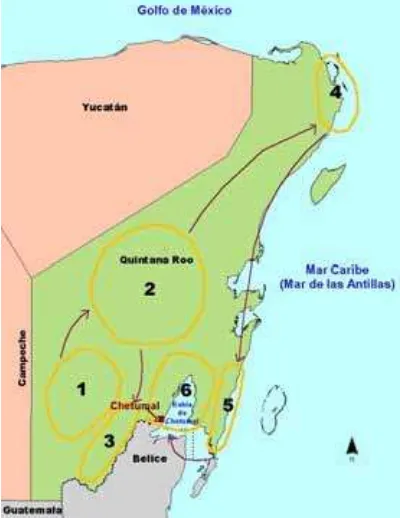 Figure 3.  The shifting economic center in Quintana Roo. Changes from historic Maya Agriculture (#1) and forestry (#2) to modern agriculture (#3), mass tourism in Cancun and the Riviera Maya (#3), lower impact tourism in Costa Maya (#5) and Chetumal Bay (#