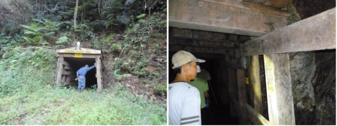 Gambar 2. Mulut terowongan Eko-Remaja (kiri) dan sistem penyangga terowongan menggunakan kayu Keladan  (kanan)