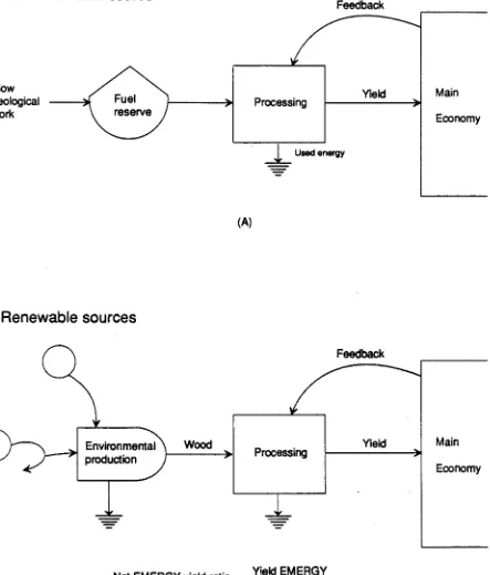 Figure 6. EMERGY yield ratio for evaluating a primary energy source. (a) Nonrenewable source; (b) 