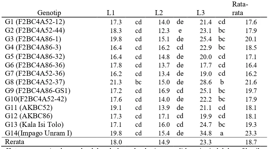 Tabel  5 . Penampilan jumlah anakan produktif (buah) 14 genotip padi  di 3 lokasi  