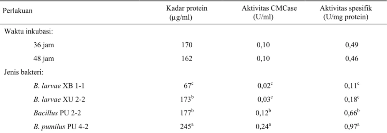 Tabel 2.  Produksi selulase (CMCase) menggunakan B. larvae XB 1-1, B. larvae XU 2-2, Bacillus PU 2-2 dan B