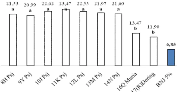 Gambar 1. Histogram Rata-Rata Berat Biji 100 Butir (g) pada BNJ taraf nyata 5% 