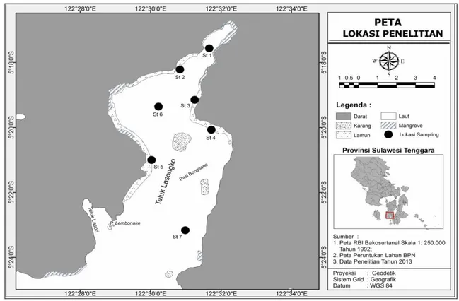 Gambar 1.  Peta lokasi penelitian dan stasiun pengambilan contoh rajungan di Teluk Lasongko  