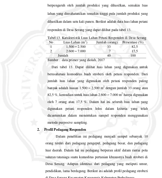 Tabel 13. Karakteristik Luas Lahan Petani Responden di Desa Serang 