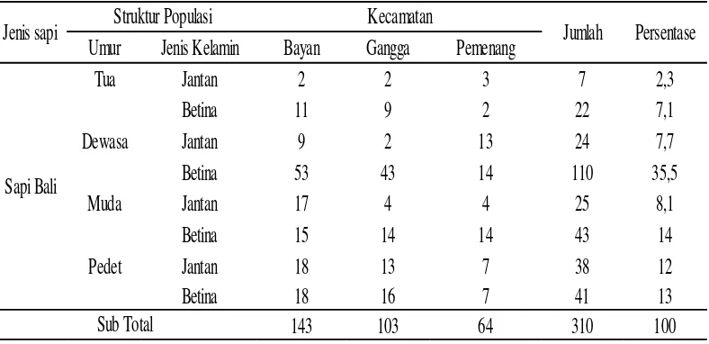 Tabel 5. Struktur Populasi Sapi Bali di tiga Kecamatan di Kabupaten Lombok Utara 
