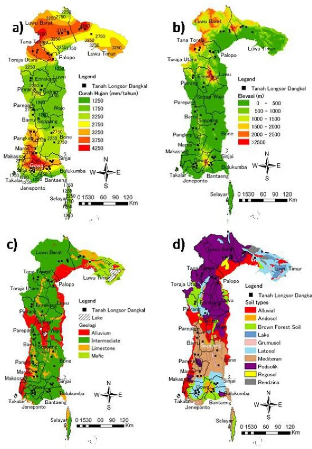 Gambar 5. Distribusi tanah longsor dangkal, kondisi curah hujan, elevasi, geologi dan tipe tanah di Sulawesi Selatan.