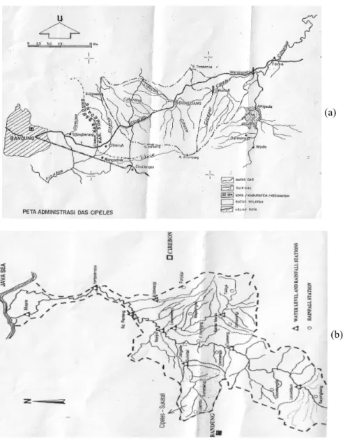 Gambar 1  (a) Peta Administrasi Sub DAS Cipeles, (b) Posisi pos/stasiun  pengukuran muka air dan curah hujan pada Sub DAS Cipeles dan sekitarnya