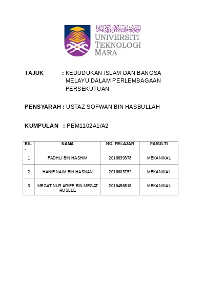 Kedudukan Islam Dan Bangsa Melayu Dalam