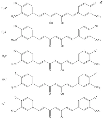 Gambar 3. Struktur kimia kurkumin dalam berbagai pH (Stankovic, 2004)