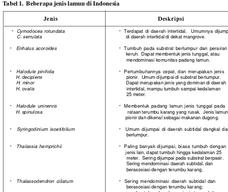 Tabel 1.  Beberapa jenis lamun di Indonesia