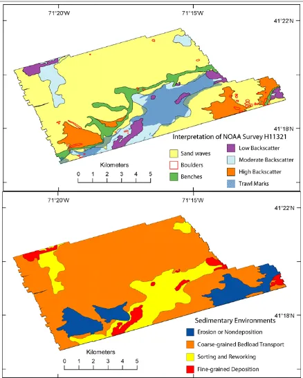 Figure 2.4. Bottom characteristics in a section of Rhode Island Sound as interpreted from sidescan sonar images (McMullen et al