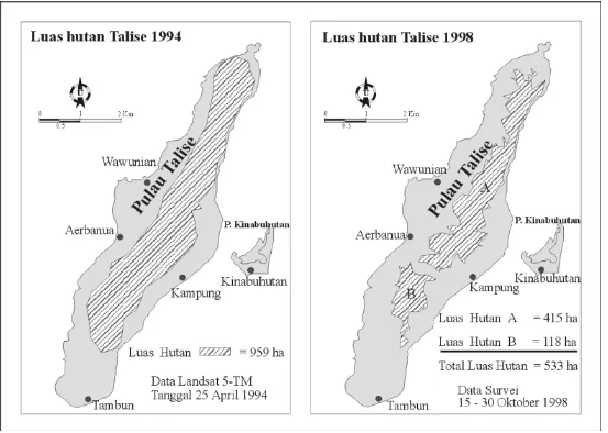 Gambar 7. Perbandingan luas hutan pulau Talise  tahun 1994 dengan tahun 1998.