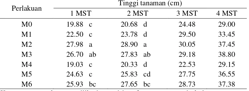 Tabel 4. Rataan tinggi bibit tanaman karet 1-4 MST dengan pemberian seed coating mikroorganisme dari biji karet sehat (cm) 
