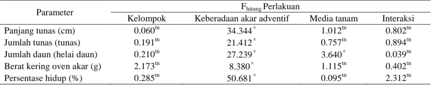 Tabel 1  Rekap  hasil  analisis  ragam  pengaruh  perlakuan  keberadaan  akar  adventif  dan  media  tanam  terhadap  stek  cabang bambu betung umur 22 MST 