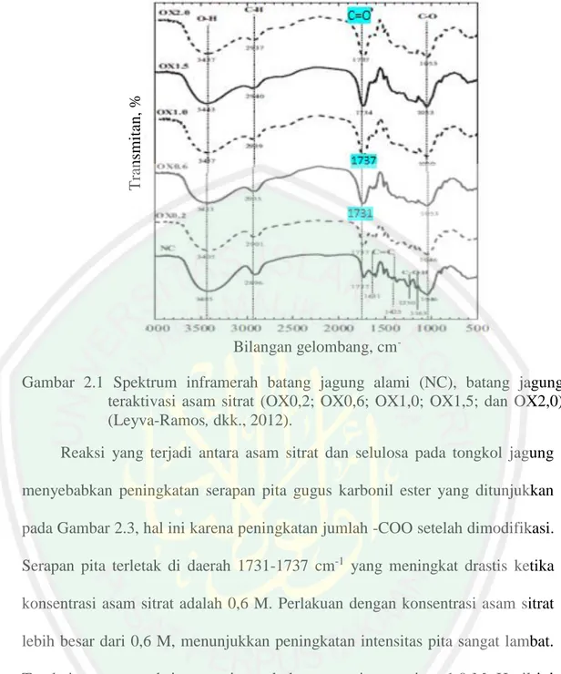 Gambar  2.1  Spektrum  inframerah  batang  jagung  alami  (NC),  batang  jagung  teraktivasi  asam  sitrat  (OX0,2;  OX0,6;  OX1,0;  OX1,5;  dan  OX2,0)  (Leyva-Ramos, dkk., 2012)