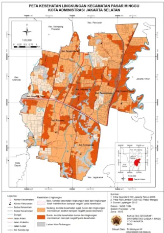 Gambar 3.1 Peta Tingkat Kesehatan Lingkungan  Daerah  kajian  penelitian  sangat  jarang  ditemukan warga  yang menggunakan sumber air  bersih  yang  berasal  dari  PAM