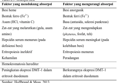 Tabel 2.3 Absorpsi besi Faktor yang mendukung absorpsi 