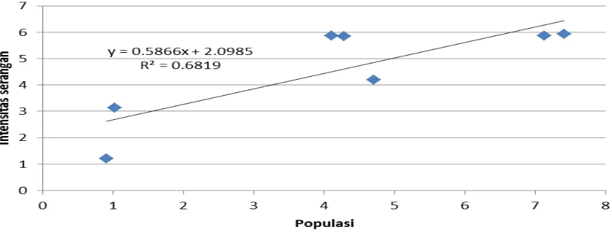 Gambar 4.4. Grafik Regresi Populasi dan Intensitas Serangan Phthorimaea operculella 