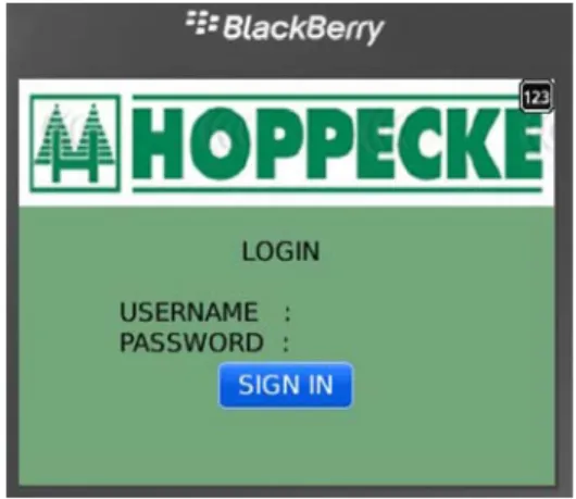 Gambar 4. Tampilan halaman NCR di layar Blackberry ® .  Gambar 5. Halaman masuk pada Blackberry ® untuk admin