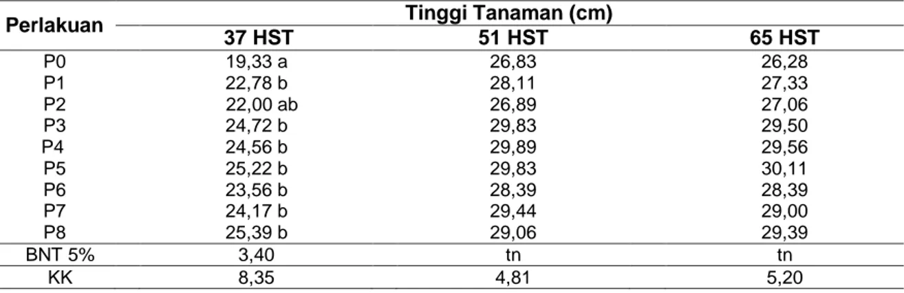 Tabel  2  menunjukkan  bahwa  pada  umur 37 HST, perlakuan P3, P5, P6, P7 dan  P8  memiliki jumlah daun yang lebih banyak  dan  berbeda  nyata  dibandingkan  dengan  perlakuan  P0  dan  P2,  tetapi  tidak  berbeda  nyata  dengan  perlakuan  P4