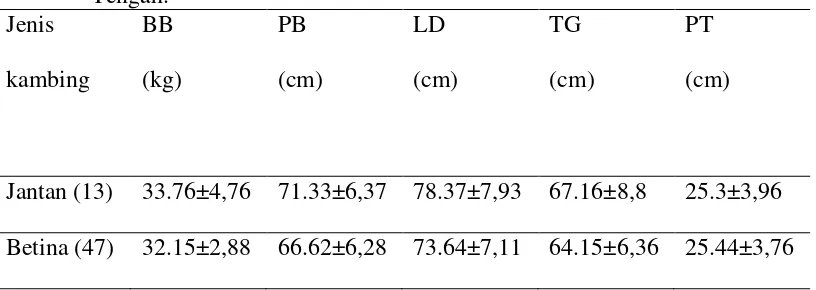 Tabel 4. Hasil rata rata bobot badan (BB), panjang badan (PB), tinggi gumba (TG), lingkar dada (LD), dan panjang telinga (PT) kambing PE umur 1-2 tahun di Lombok Tengah