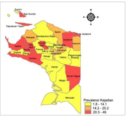 Gambar 4.2 Peta Persebaran Prevalensi Malaria di  Kabupaten/Kota Provinsi Papua