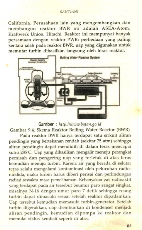 Gambar  9.4.  Skema Reaktor  Boiling  Water Reactor  (BWR) Pada reaktor  BWR  hanya terdaPat satu  sirkuit  aliran pendingin yang bertekanan rendah  (sekitar  75  atm)  sehingga aliran  pendingin  dapat  mendidih  di  dalam  teras mmcaPai suhu  285&#34;C