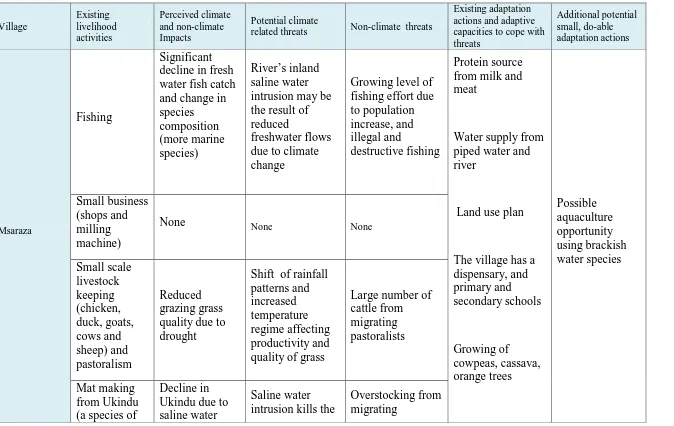 Table 3. Livelihoods, climate and non-climate threats, and coping actions – Mzaraza 