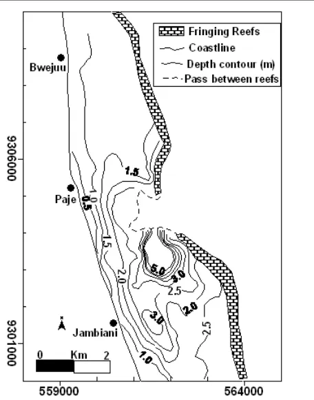 Figure 7. inside the lagoon.   The Map of the Eastern coast of Unguja Island showing the sea bottom topography  