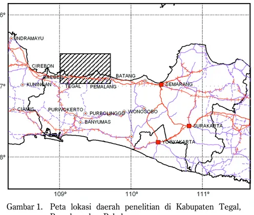 Gambar 1.   Peta  lokasi  daerah penelitian di Kabupaten Tegal, Pemalang dan  Pekalongan.