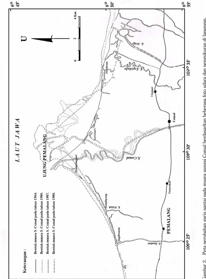Gambar 2. Peta perubahan garis pantai pada muara sungai Comal berdasarkan beberapa foto udara dan pengukuran di lapangan