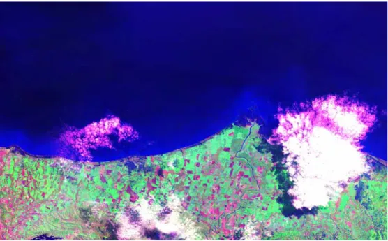 Gambar 3.  Citra  satelit  Landsat  7 ETM+ rekaman tahun 1997 dengan komposit warna 321 pada kawasan muara Sungai Comal dan kawasan pesisir Kabupaten Pemalang dan Tegal dengan lahan tutupan vegetasi tumbuhan bakau untuk kawasan garis pantai