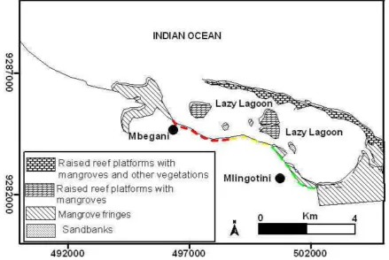 Figure 4 Map showing the status of coastal erosion along the western coastal stretch of Mbegani Bay stretching between Mbegani and Mlingotini 