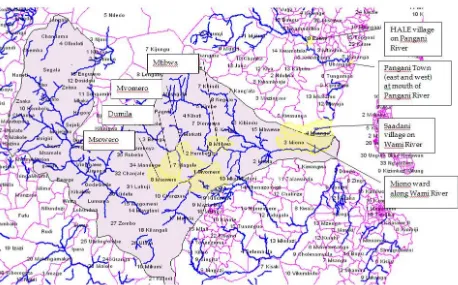 Figure 1.  Map of Wami watershed (gray shape) showing wards (yellow highlight) included in the WADA 