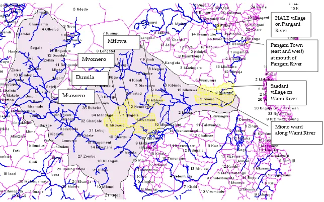 Figure 1.  Map of Wami watershed (gray shape) showing wards (yellow highlight) included in the CWPP project