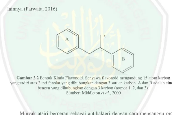 Gambar 2.2 Bentuk Kimia Flavonoid. Senyawa flavonoid mengandung 15 atom karbon  yangterdiri atas 2 inti fenolat yang dihubungkan dengan 3 satuan karbon