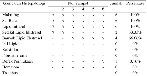 Tabel 3   Gambaran  histopatologi  pada  aorta  torasika  Rattus  novergicus  strain  wistar  jantan  yang  diberikan  diet  aterogenik  selama  12  minggu  berdasarkan parameter penilaian lesi aterosklerosis 