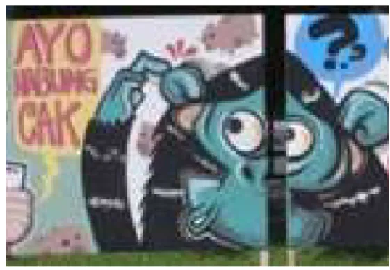 Gambar I. Karya mural karakter Mongki X-go pada  Maret 2013 yang berlokasi di Bongkaran Ngagel 