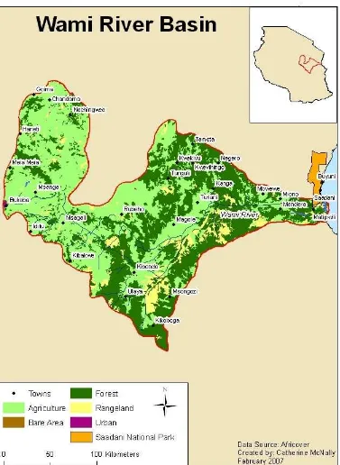 Figure 1. Locator and land-use map for the Wami River basin and Saadani National Park