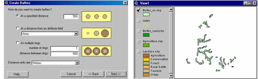 Figure 6. Buffer road dialog; and Displaying of the result ‘Buffer_road.shp’