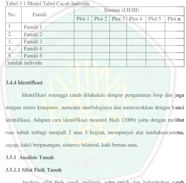 Tabel 3.1 Model Tabel Cacah Individu 