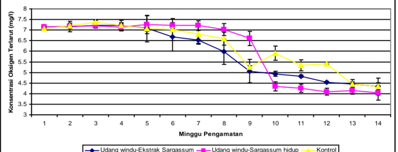 Gambar 1. Perbedaan Pola Perubahan Konsentrasi Oksigen Terlarut antar Model Ekosistem Keberadaan  Sargassum